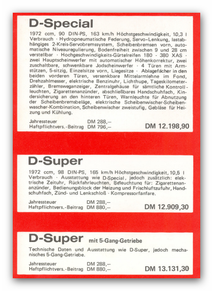 Citroen Preisliste und Ausstattung 1972